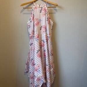 Candie’s floral striped handkerchief hem high neck dress